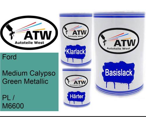 Ford, Medium Calypso Green Metallic, PL / M6600: 500ml Lackdose + 500ml Klarlack + 250ml Härter - Set, von ATW Autoteile West.
